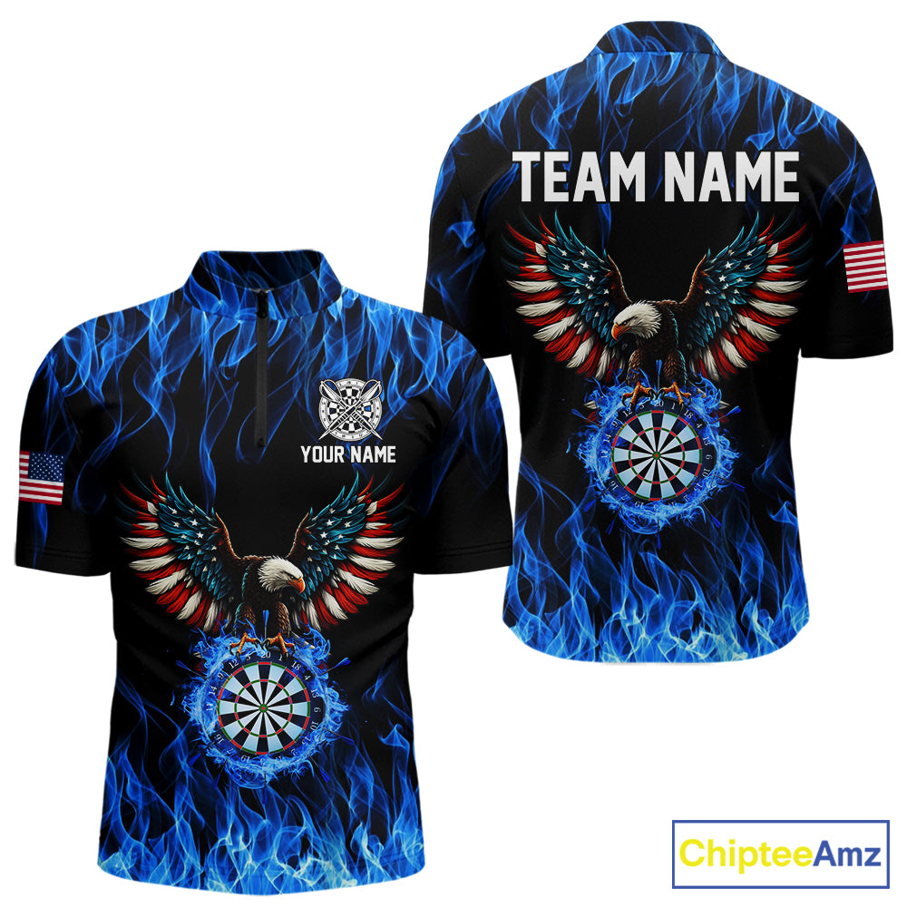 Blue Flaming American Flag Eagle Darts Shirt For Men Custom Darts Jersey Team Polo & 1/4 Zip TDM5941