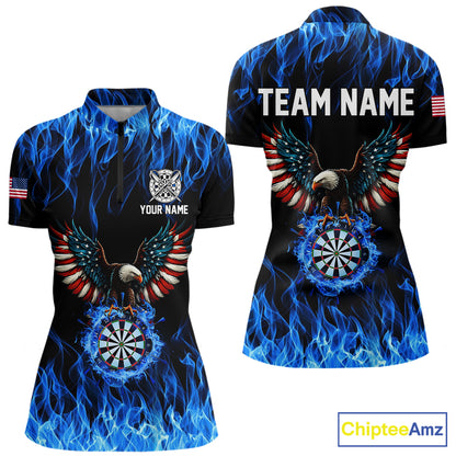 Blue Flaming American Flag Eagle Darts Shirt For Women Custom Darts Jersey Team Polo & 1/4 Zip TDM5941