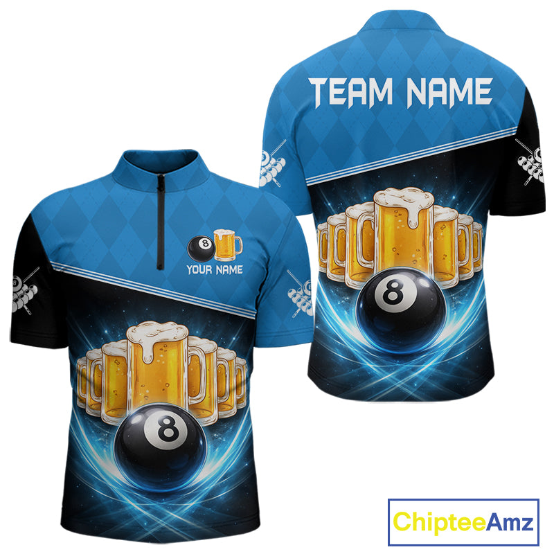 Black And Blue Funny Beer 8 Ball Billiard Jersey For Men Custom Pool Team Shirt Polo & 1/4 Zip TDM5942