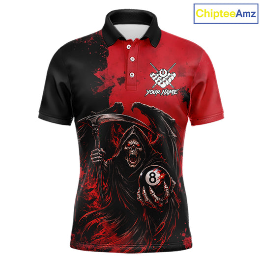 Red Grim Reaper 8 Ball Billiard Shirt For Men Custom Skull Pool Team Jersey Polo & 1/4 Zip TDM6102