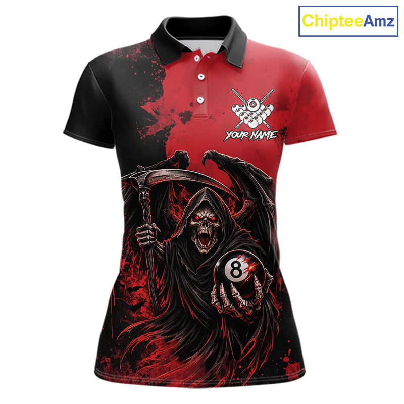 Red Grim Reaper 8 Ball Billiard Shirt For Women Custom Skull Pool Team Jersey Polo & 1/4 Zip TDM6102