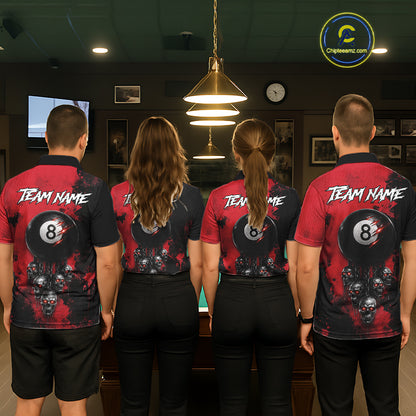Red Grim Reaper 8 Ball Billiard Shirt For Men Custom Skull Pool Team Jersey Polo & 1/4 Zip TDM6102