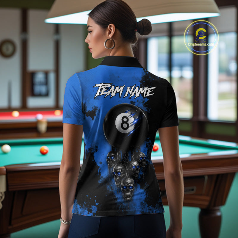 Blue Grim Reaper 8 Ball Billiard Shirt For Women Custom Skull Pool Team Jersey Polo & 1/4 Zip TDM6103
