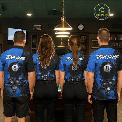 Blue Grim Reaper 8 Ball Billiard Shirt For Women Custom Skull Pool Team Jersey Polo & 1/4 Zip TDM6103