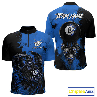 Blue Grim Reaper 8 Ball Billiard Shirt For Men Custom Skull Pool Team Jersey Polo & 1/4 Zip TDM6103