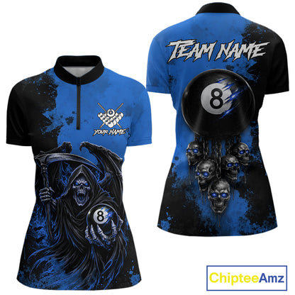 Blue Grim Reaper 8 Ball Billiard Shirt For Women Custom Skull Pool Team Jersey Polo & 1/4 Zip TDM6103