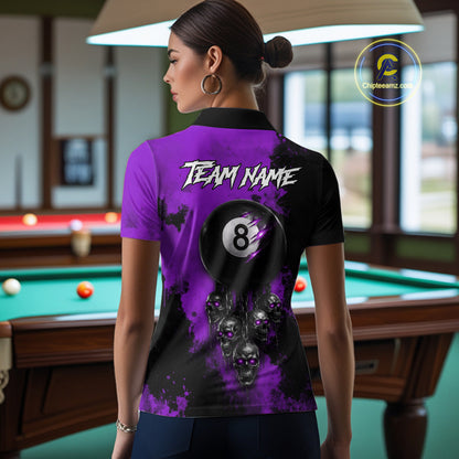 Purple Grim Reaper 8 Ball Billiard Shirt For Women Custom Skull Pool Team Jersey Polo & 1/4 Zip TDM6104