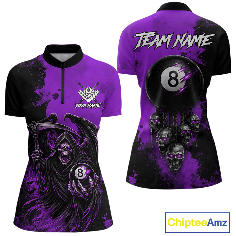 Purple Grim Reaper 8 Ball Billiard Shirt For Women Custom Skull Pool Team Jersey Polo & 1/4 Zip TDM6104