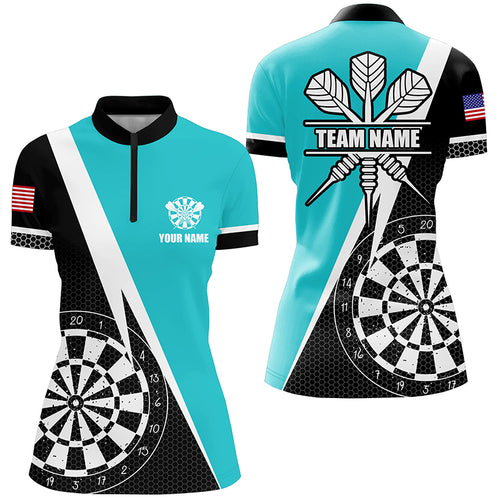 Retro Darts Board Women Darts Quarter-Zip Shirts Custom Darts Team Jersey Uniform |Turquoise TDM1466