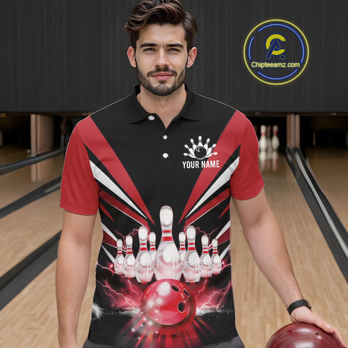 Black And Red Bowling Jersey For Men Custom Strike Lightning Bowling Team Jersey Polo & 1/4 Zip TDM6357