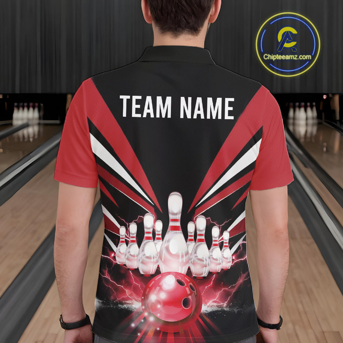 Black And Red Bowling Jersey For Men Custom Strike Lightning Bowling Team Jersey Polo & 1/4 Zip TDM6357