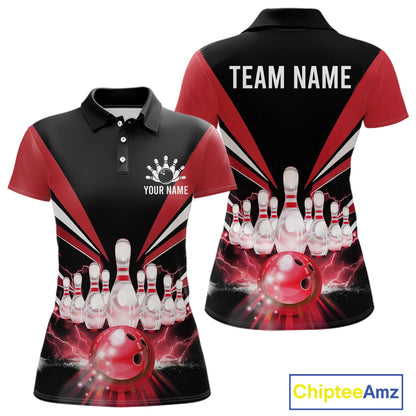 Black And Red Bowling Jersey For Women Custom Strike Lightning Bowling Team Jersey Polo & 1/4 Zip TDM6357