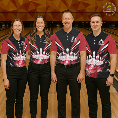 Black And Red Bowling Jersey For Women Custom Strike Lightning Bowling Team Jersey Polo & 1/4 Zip TDM6357
