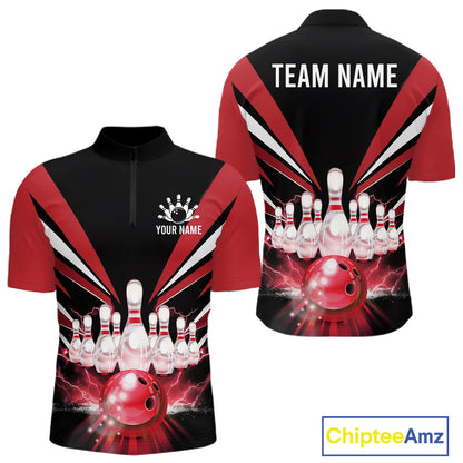 Black And Red Bowling Jersey For Men Custom Strike Lightning Bowling Team Jersey Polo & 1/4 Zip TDM6357