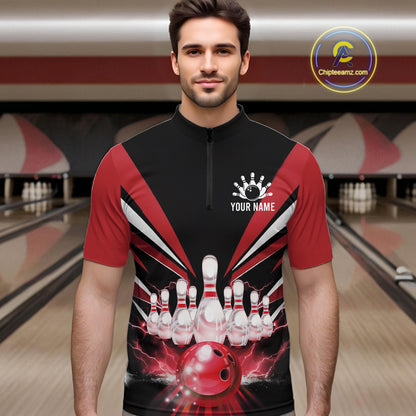 Black And Red Bowling Jersey For Men Custom Strike Lightning Bowling Team Jersey Polo & 1/4 Zip TDM6357