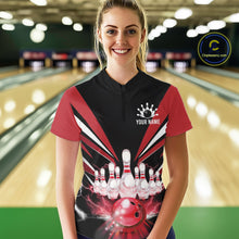 Load image into Gallery viewer, Black And Red Bowling Jersey For Women Custom Strike Lightning Bowling Team Jersey Polo &amp; 1/4 Zip TDM6357