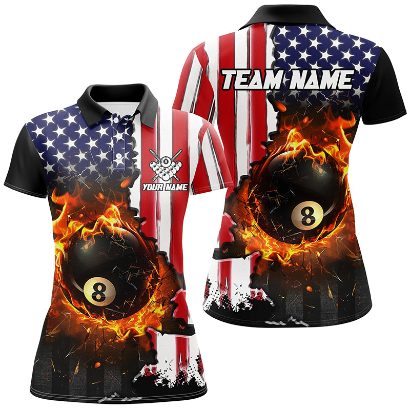 American Flag 8 Ball Pool Fire Break Glass Custom Women Billiard Shirts, Patriotic Billiard Jerseys TDM1829
