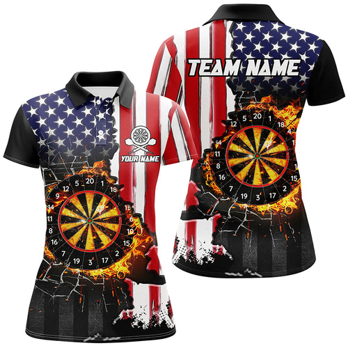 American Flag Darts Board Fire Flame Break Glass Custom Women Darts Shirts, Patriotic Darts Jerseys TDM1830