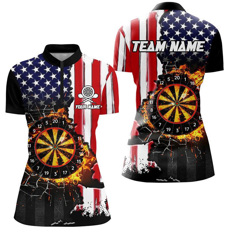 American Flag Darts Board Fire Flame Break Glass Custom Women Darts Shirts, Patriotic Darts Jerseys TDM1830