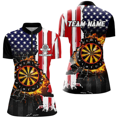 American Flag Darts Board Fire Flame Break Glass Custom Women Darts Shirts, Patriotic Darts Jerseys TDM1830