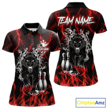 Load image into Gallery viewer, Red flaming panther bowling polo shirt for women with custom bowling team graphics.
