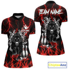 Load image into Gallery viewer, Red flaming panther bowling quarter zip shirt for women designed for league tournaments and team events.