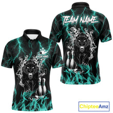 Load image into Gallery viewer, Turquoise flaming panther bowling polo shirt for men with custom bowling team graphics.