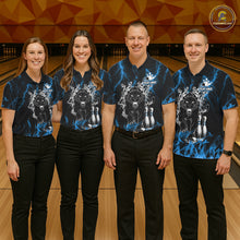 Load image into Gallery viewer, Bowling team wearing matching blue flaming panther bowling jerseys during league matches front view.