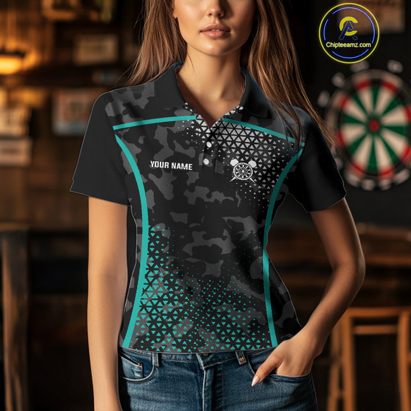 Black & Turquoise Camo Dart Shirt For Women Custom Dart Jerseys Pocket Option TDM4366