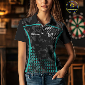 Black & Turquoise Camo Dart Shirt For Women Custom Dart Jerseys Pocket Option TDM4366