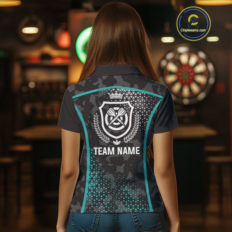 Black & Turquoise Camo Dart Shirt For Women Custom Dart Jerseys Pocket Option TDM4366