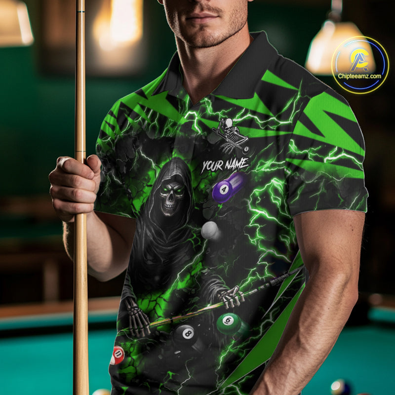 Man wearing green Grim Reaper lightning 8 ball pool billiard team jersey polo shirt, front view.
