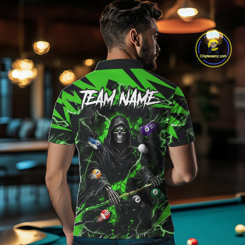 Man wearing green Grim Reaper lightning 8 ball pool billiard team jersey polo shirt, back view.