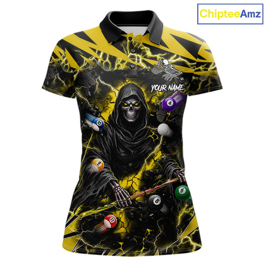 Yellow Grim Reaper lightning 8 ball pool billiard team jersey polo shirt for women featuring a fierce Grim Reaper and yellow lightning artwork, premium custom pool team apparel.