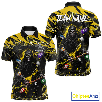 Yellow Grim Reaper lightning 8 ball pool billiard team jersey polo shirt for men featuring a fierce Grim Reaper and yellow lightning artwork, premium custom pool team apparel.