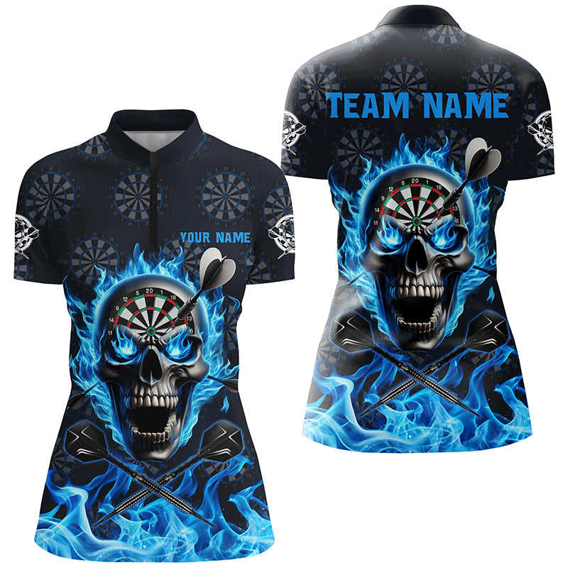 Blue Darts Skull Fire Flame Custom Women Darts Shirts, 3D Printed Darts Jersey Short Sleeve For Team TDM2517