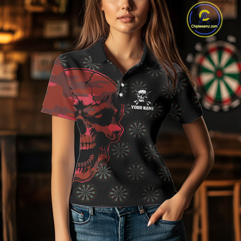 Funny Red Camo Darts Skull Aim Shoot Swear Repeat Custom Dart Shirts For Women, Darts Team Jersey TDM4797