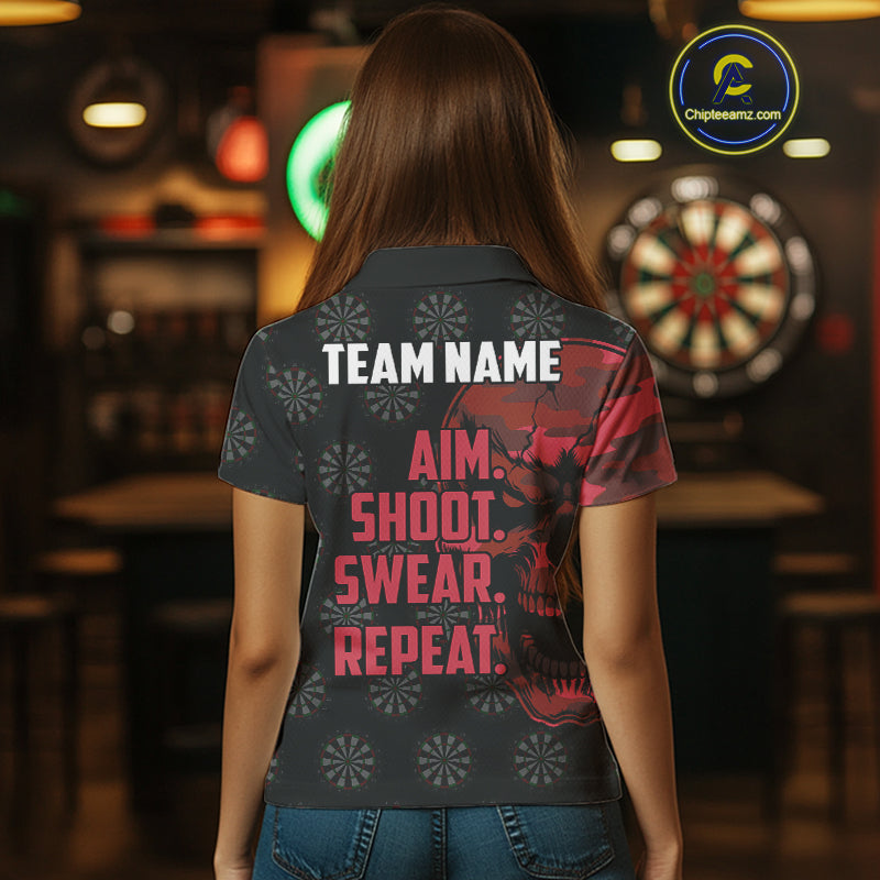Funny Red Camo Darts Skull Aim Shoot Swear Repeat Custom Dart Shirts For Women, Darts Team Jersey TDM4797
