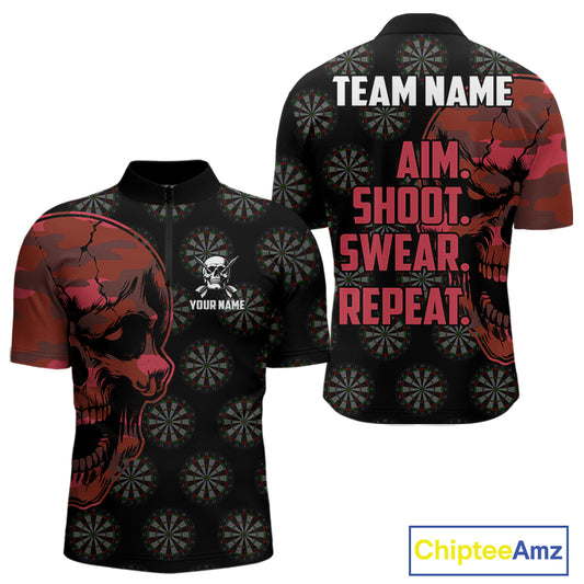 Funny Red Camo Darts Skull Aim Shoot Swear Repeat Custom Dart Shirts For Men, Darts Team Jersey TDM4797