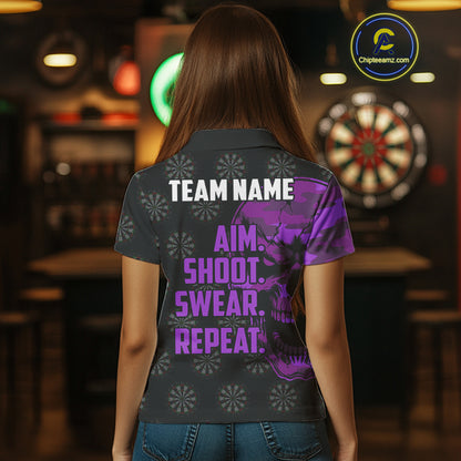 Funny Purple Camo Darts Skull Aim Shoot Swear Repeat Custom Dart Shirts For Women, Darts Team Jersey TDM4798