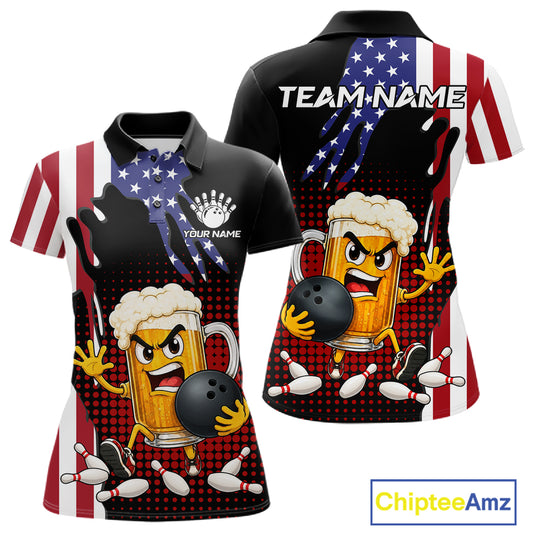 American Flag Funny Beer Bowling Shirts For Women Custom Patriotic Bowling Team Jersey Polo, 1/4 Zip TDM7543