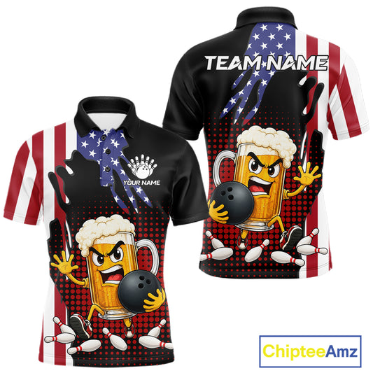 American Flag Funny Beer Bowling Shirts For Men Custom Patriotic Bowling Team Jersey Polo, 1/4 Zip TDM7543
