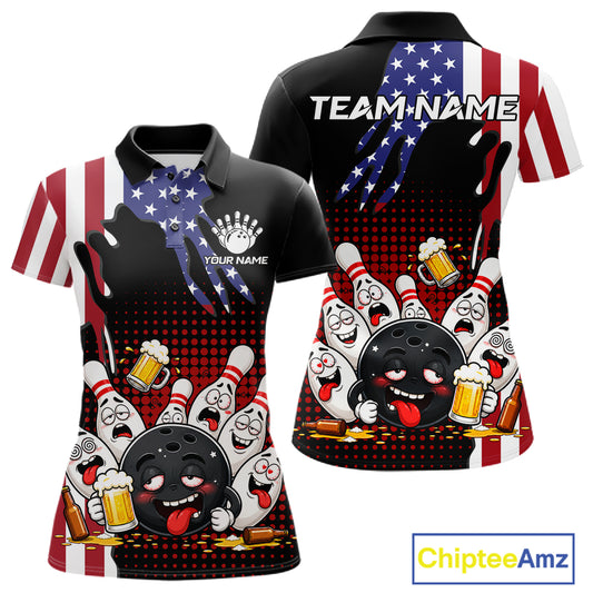 American Flag Funny Drunk Beer Bowling Shirts For Women Custom Patriotic Bowling Team Jersey TDM7544