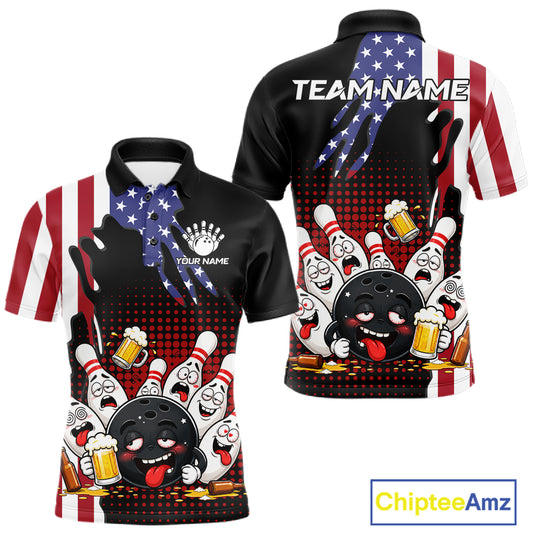 American Flag Funny Drunk Beer Bowling Shirts For Men Custom Patriotic Bowling Team Jersey TDM7544