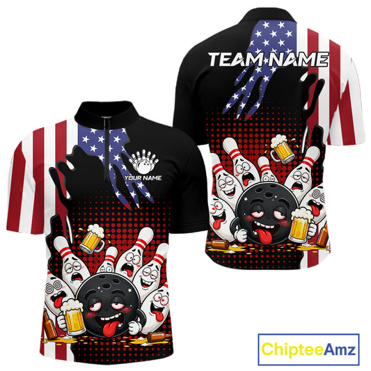 American Flag Funny Drunk Beer Bowling Shirts For Men Custom Patriotic Bowling Team Jersey TDM7544