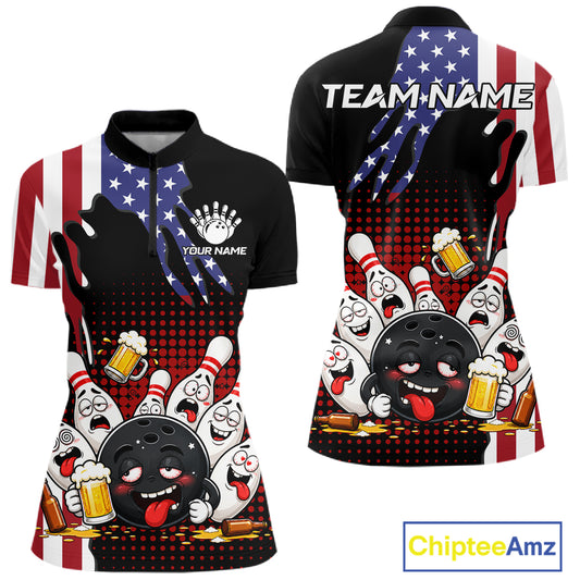American Flag Funny Drunk Beer Bowling Shirts For Women Custom Patriotic Bowling Team Jersey TDM7544