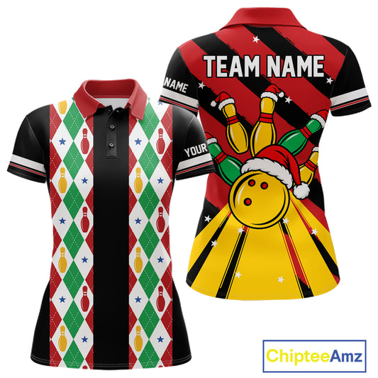 Christmas Argyle Pattern Bowling Polo, 1/4 Zip Shirts For Women Custom Xmas Bowling Team Jersey TDM7546