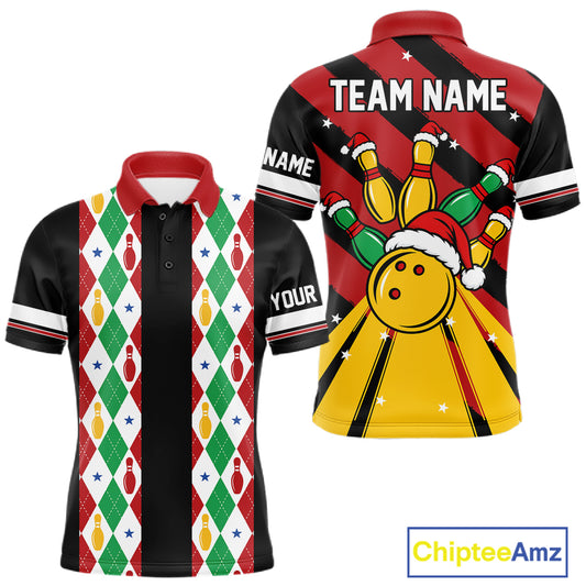 Christmas Argyle Pattern Bowling Polo, 1/4 Zip Shirts For Men Custom Xmas Bowling Team Jersey TDM7546