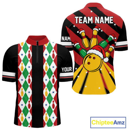 Christmas Argyle Pattern Bowling Polo, 1/4 Zip Shirts For Men Custom Xmas Bowling Team Jersey TDM7546