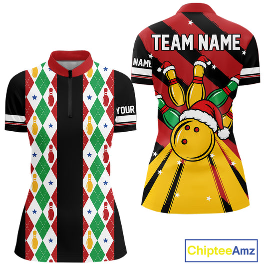 Christmas Argyle Pattern Bowling Polo, 1/4 Zip Shirts For Women Custom Xmas Bowling Team Jersey TDM7546